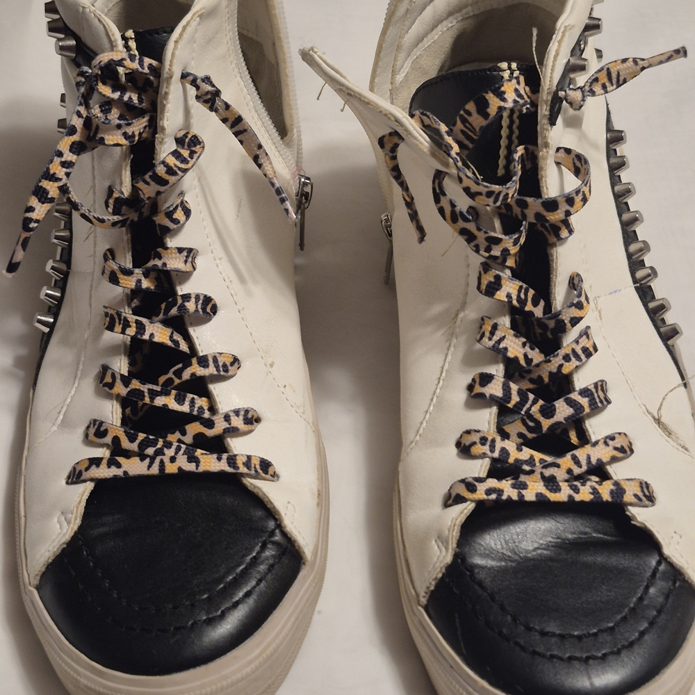 ShuShop Women's Black and White Sneakers with Leopard Accents